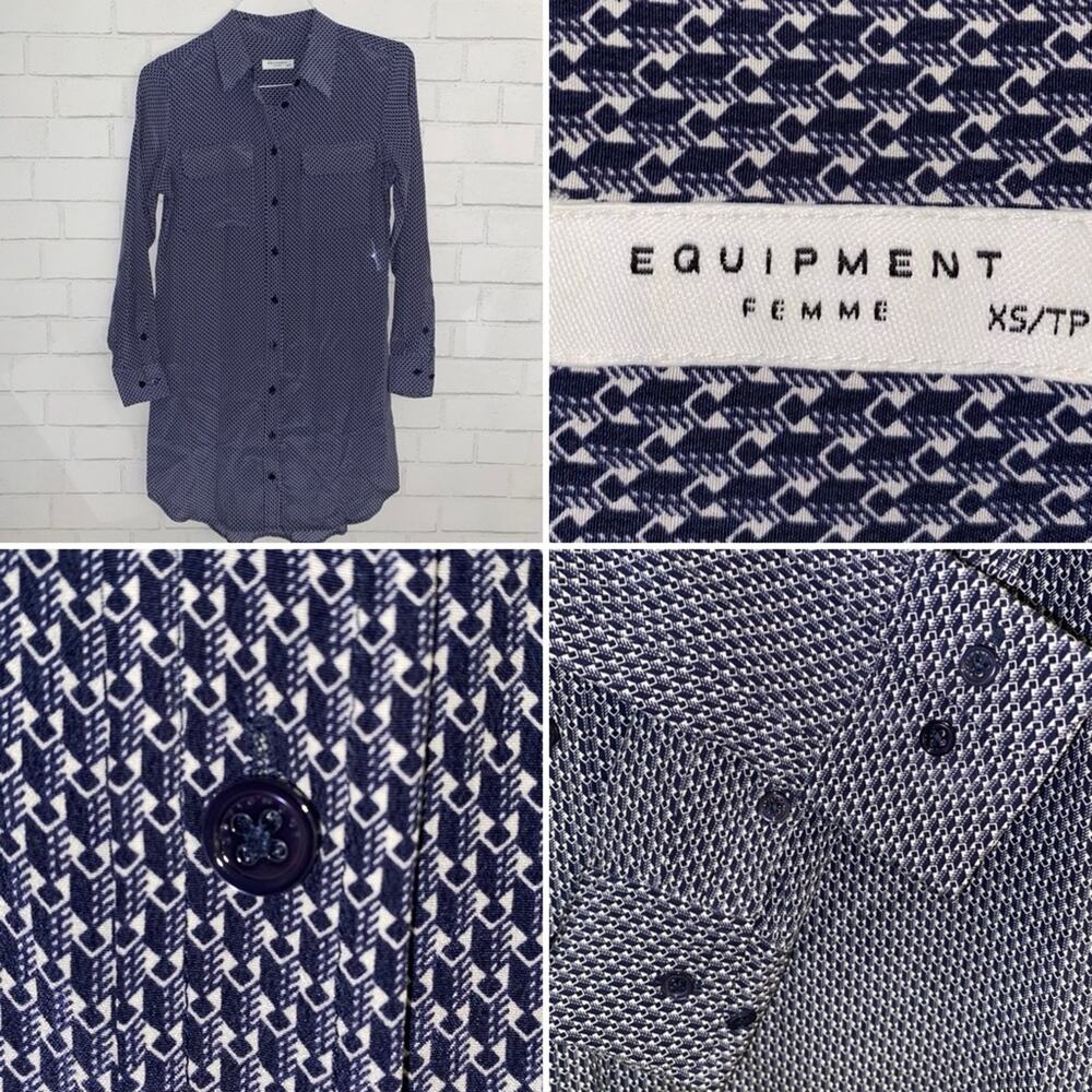 Equipment $325 Essential Silk LS Shirt Dress Navy White Geo Print XS NWOT